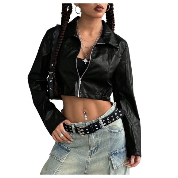 Verdusa Jackets & Blazers - Leather Cropped Streetwear Lightweight Long Sleeve Jacket, 14E-182T003